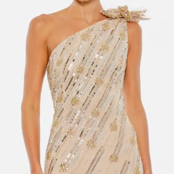 MAC DUGGAL ROSETTE SEQUIN CRYSTAL ONE-SHOULDER NUDE GOLD GOWN sz 0 - Picture 3 of 5